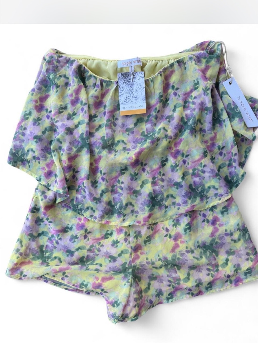 Harper Wren Pastel Yellow Floral Romper with Lavender & Green Accents